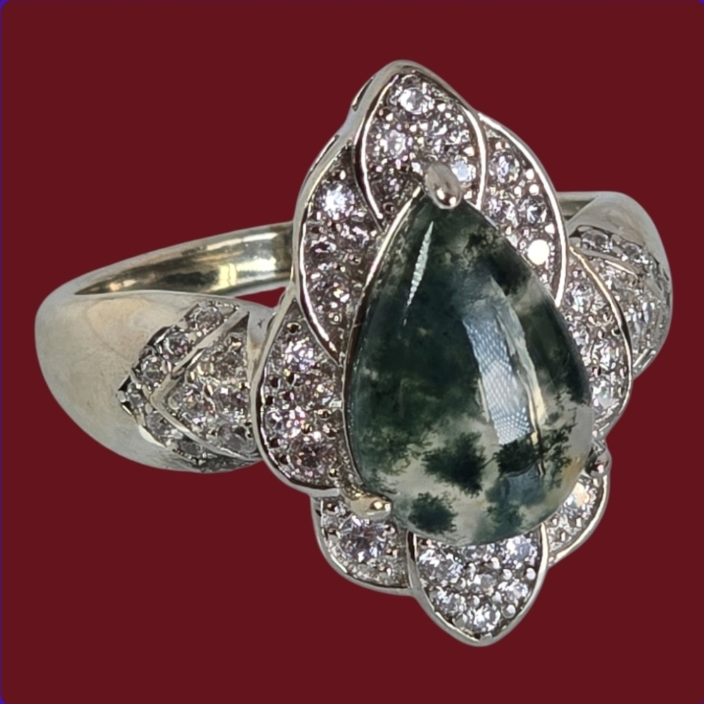 925 Sterling Silver Ring Sz 7.5 with Natural Moss Agate & CZ